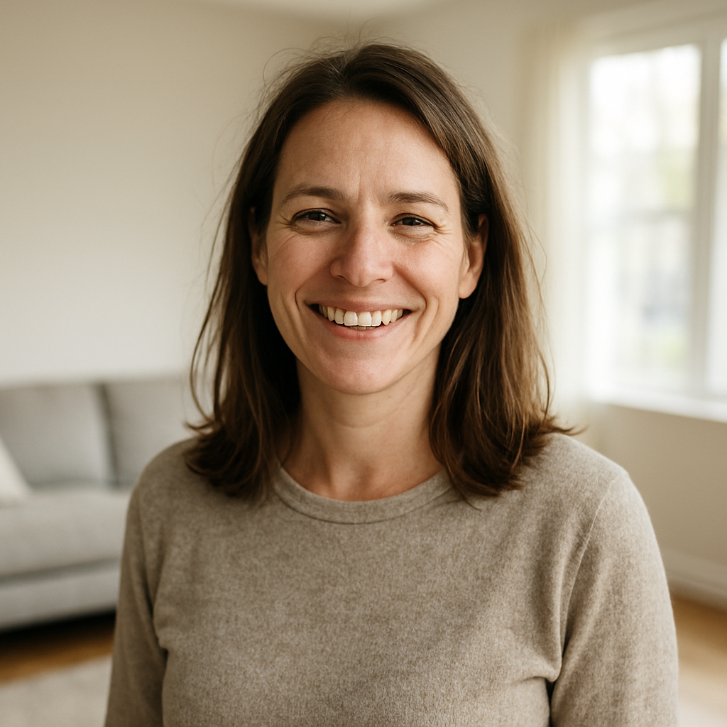 A homeowner smiling in her newly remodeled living room
